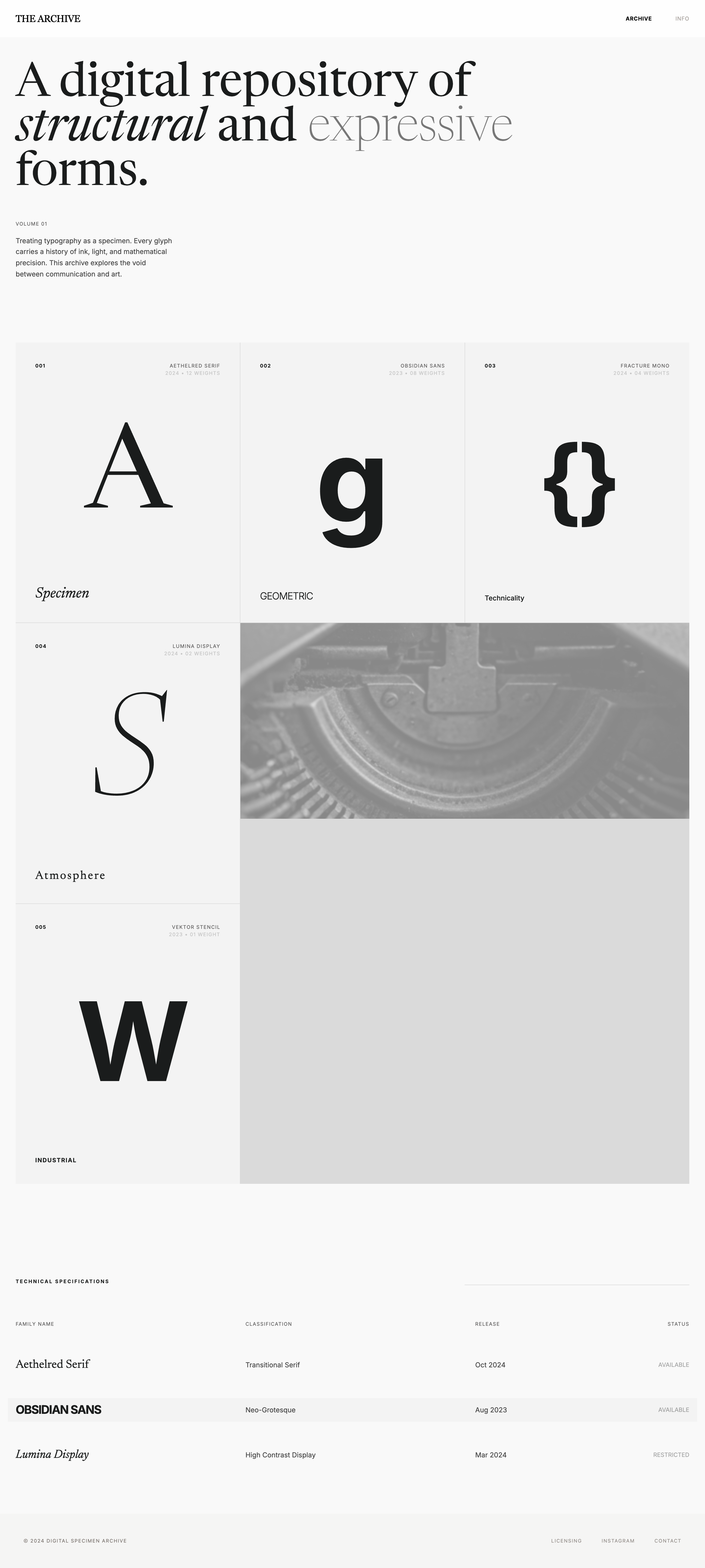 Cargo-inspired Stitch export for the type specimen archive portfolio