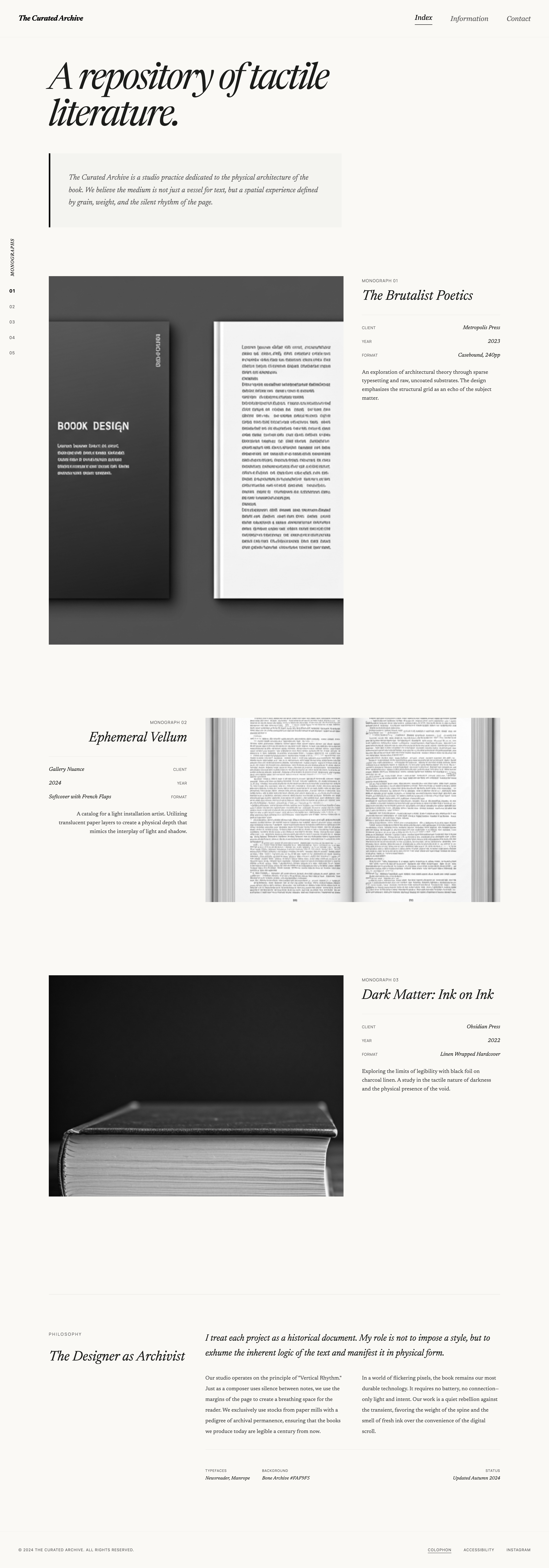 Readymag-inspired Stitch export for the bookmaker index portfolio
