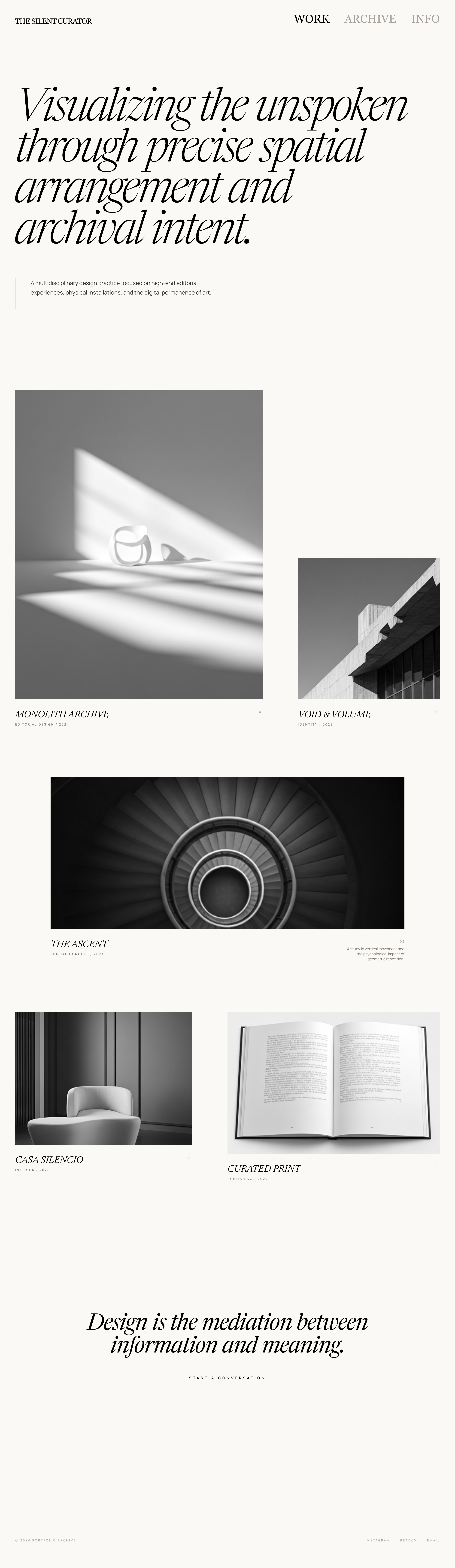 Readymag-inspired Stitch export for the minimal designer portfolio grid