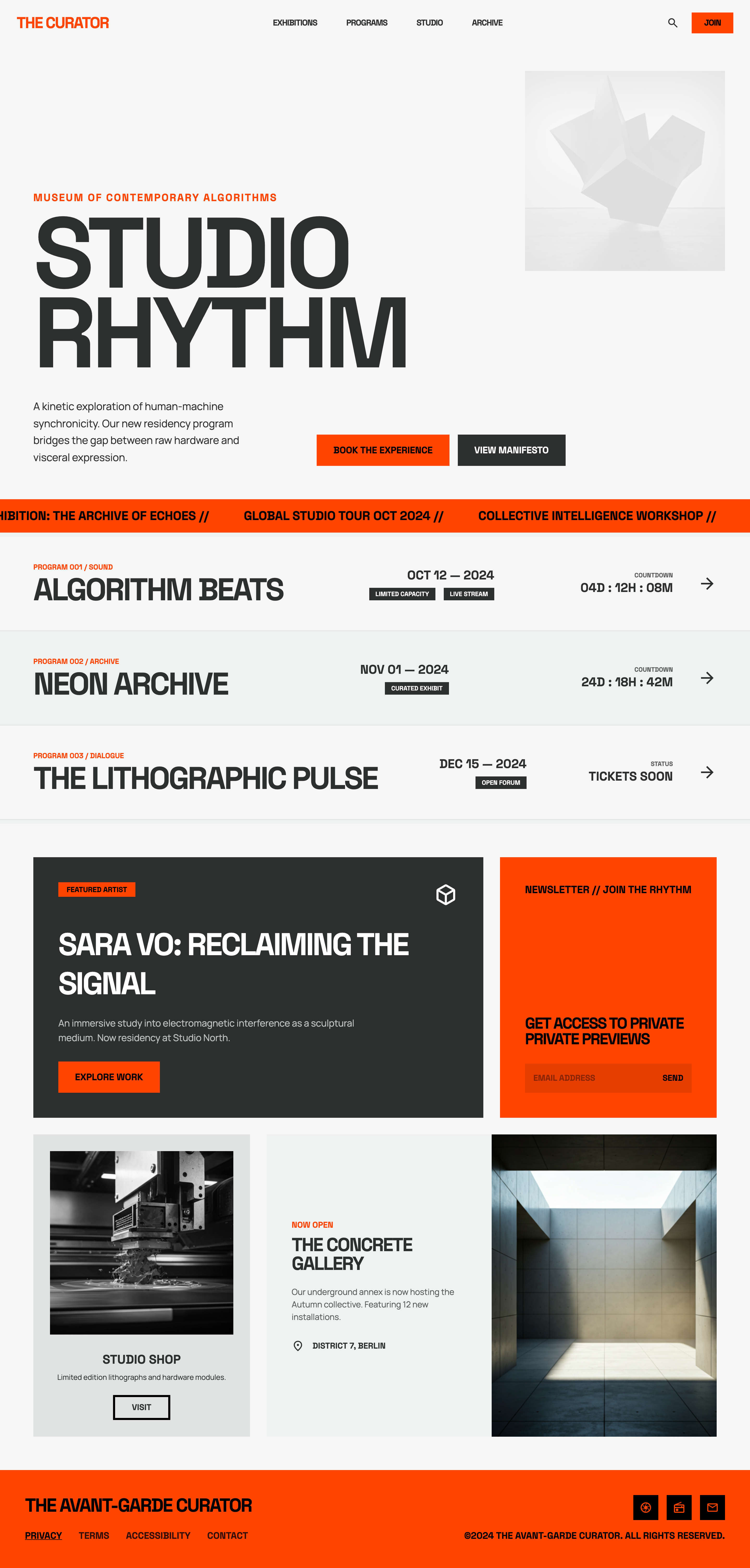 Readymag-inspired Stitch export for the orange cultural soundstage homepage