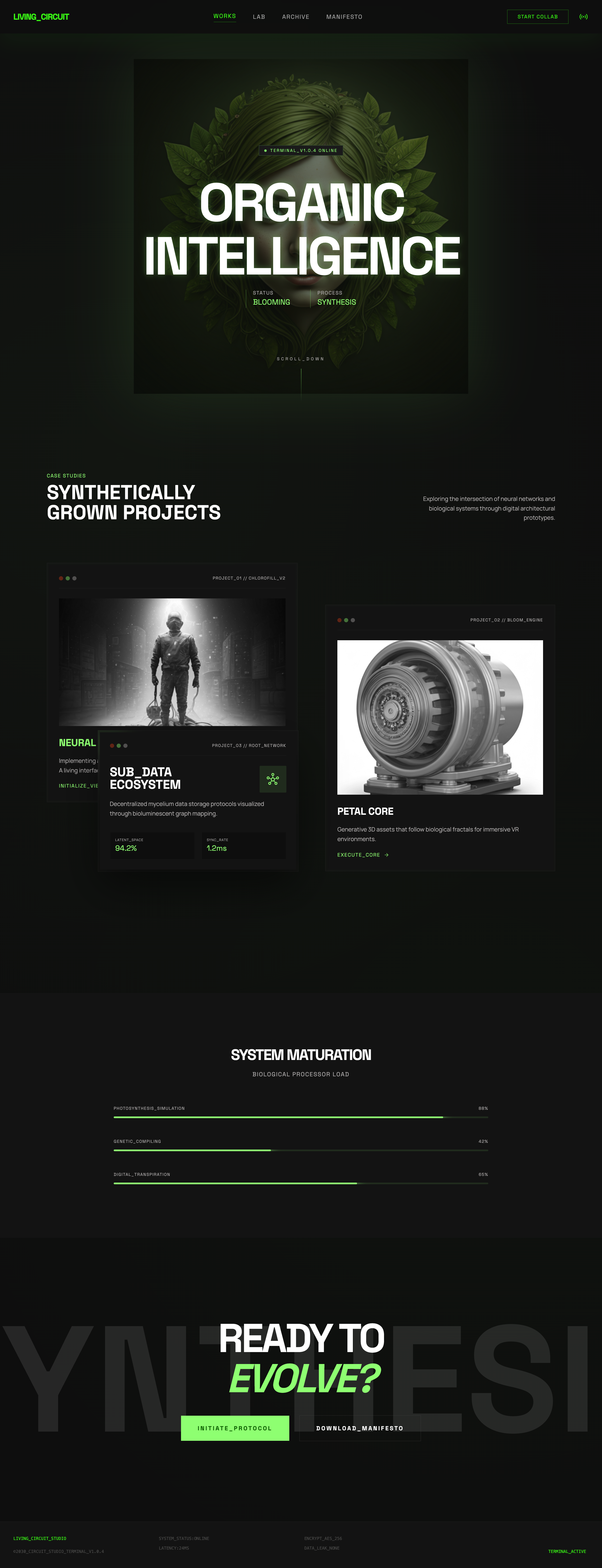 Readymag-inspired Stitch export for the verdant digital garden homepage